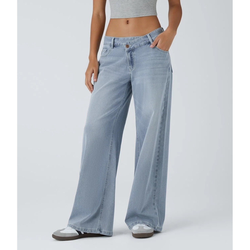 Halara Flex Asymmetric Low Rise Wide Leg Jeans Womens XL Blue Baggy Denim New - Picture 2 of 12